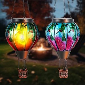 Tujoe 2 Pcs 20 Inch Hot Air Balloon Hanging Solar Lantern Outdoor Garden Decor Waterproof Hot Air Balloon Flame Effect Lantern Decorative Flickering Solar Lights for Lawn Porch Yard (Hummingbird)