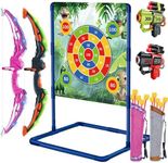 Infowush 4-in-1 Bow and Arrow Set for Kids, 2-Pack LED Light Up Archery Set with 10 Arrows, 4 Darts and 2 Toy Play Guns, Dinosaur Target & Quiver, Indoor Outdoor Toys for Boy Girl Ages 4-6 8-12