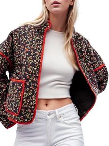 Wyeysyt Women's Cropped Quilted Jacket Floral Print Padded Puffer Jackets Lightweight Open Front Cardigan Coat Outwear (Black-M)