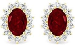 Inspereza Oval Garnet and Diamond Fancy Halo Floral Stud Earring in 18KT Yellow Gold (6X4 MM Gemstone)