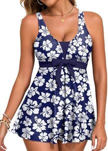Aleumdr Tankini Swimsuits for Women Tummy Control Two Piece Bathing Suits Floral Printed Tank Top with Boyshorts Blue Flower XX-Large
