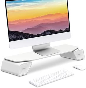 NNTech - Rehausseur Ecran PC Bureau Blanc Avec Enceintes Intégrées et Lumieres RGB, Support de Moniteur, Support ecran Ordinateur élégant (65.6 cm X 24 cm X 11.6 cm)