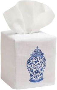 Jacaranda Living Square Tissue Box Cover, Linen/Cotton Fabric Tissue Holder, Decorative Cloth Tissue Cube Cover, Chinoiserie Designs Ginger Jar (Wide)