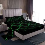 Hexagonal Sheet Set 3D Geometric Honeycomb Bed Sheets for Kids Boys Girls Luxury Beehive Hexagon Bed Set Neon Green Black Decor Sheets Bedroom Collection 4Pcs Queen Size