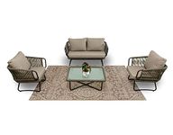 LOCCUS Patio Furniture Set, 4 Pieces Porch Backyard Garden Outdoor Furniture Rope Sofa Set and Glass Top Table Conversation Set in Beige Colour