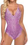 Avidlove Women Lingerie Purple Lace Bodysuit Teddy Lingerie V Neck Snap Crotch One Piece Mini Babydoll(Lilac Purple,M)