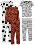 Simple Joys by Carter's Girl's 6-Piece Snug Fit Cotton Pajama Set, Brown Animal Print/Grey Polka Dot/White Stripes, 6 Years (Pack of 3)