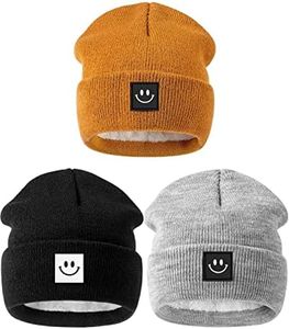 Hispeka Baby Beanie Hat 3 Packs with Cute Smiley Face, Toddler Girls Boys Baby Hats Winter, Kids Winter Hat Cold Weather, Camel & Black & Light Grey, 3-6 Years