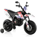 Kids Motorbike, Licensed Aprilia 12V Ride on Electric Dirt Bike with Training Wheels, Spring Suspension, Battery Powered Off Road Motorbike Toy with 2 Speeds, Bluetooth, Lights (White)