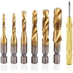 Maxxlite 7 Pcs Spiral Hex Shank Combination Drill Screw Tap Bit Set with Automatic Spring Loaded Center Punch Tool, Tap Drill Bits Threading Drill Bit