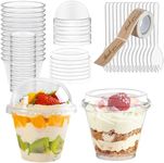 Tisovixo Clear Dessert Cups with Lids and Spoons,100 Pack 7oz Mini Dessert Cup,Parfait Appetizer Cup Arched Cover Flat Lid, Reusable Mini Serving Cup for Party Dessert Halloween Thanksgiving Christmas