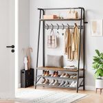 Hall Trees Entryway Bench with Storage, Multifunctional Hallway Organizer, Wood Look Accent Furniture with Metal Frame (Black, 6 hooks-39.4 in)