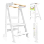 Kitchen Foldable Toddler Tower, Learning Tower with 3 Adjustable Height, Kitchen Step Stool for Kids with Magnetic Whiteboards, 1-6 Years Toddler Kitchen Stool (White)