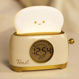 Aokpsrt Alarm Clock for Kids, Cute Toast Night Light Alarm Clocks for Bedrooms, Dimming Rechargeable Small Led Desk Clock with Snooze & Countdown for Room Decor, Bedside Clock for Teen Girls Boys
