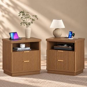 Bestier Nightstands Set of 2, Bedside Table with Drawer, Walnut