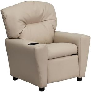 Flash Furniture Chandler Vinyl Kids Recliner with Cup Holder and Safety Recline, Contemporary Reclining Chair for Kids, Supports up to 90 lbs., Beige