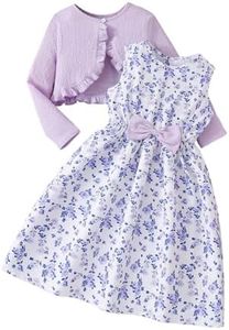 Floerns Girl's 2 Piece Outfit Floral Bow Sleeveless Dresses Sundress with Ruffle Cropped Cardigan Light Purple 8 Years