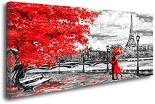 Large Canvas Wall Art Black White Red Umbrella Couple in Street Eiffel Tower Oil Painting Printed on Canvas Romantic Picture Framed Artwork Prints Walls Decor(30inchx59inch)