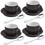 homEdge Premium Espresso Cups and Saucers Set with Espresso Spoons - 2.5 oz, Set of 4, Black