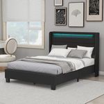 alazyhome Full Size Bed Frame with LED Lights and Linen Upholstered Headboard, Wooden Slats Support Platform Bed, Strong Weight Capacity, Non-Slip and Noise-Free, Easy Assembly, Black