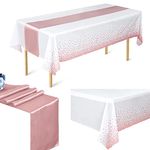 2Pcs Rose Gold Tablecloth 54"X108" and 12"X108" Satin Table Runners, Plastic Table Cover Disposable Tablecloth Rectangular Tablecloth Party for Wedding Birthday Baby Shower Thanksgiving Anniversary