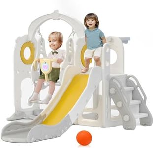 HOMKAI Kids Slide and Swing Set, 7in1 Toddler Slide Playset with Adjustable Swing and Dining-Plate, Basketball Hoop, Ball and Climb Stairs Kids Playset Indoor Outdoor Backyard with Music Player,GA