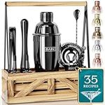 BARE BARREL® Cocktail Kit | Mixology Bartender Kit | Martini Cocktail Shaker Set | Home Bartending Tool Kit Accessories | Farmhouse Rustic Protable Stand & 35 Recipe Cards | Gift Set (Black.)