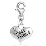 Heart Dangle 2 Sided w/Clear Rhinestone Best Friend Pendant " Dangle Charm Pendant for European Clip on Charm Jewelry w/Lobster Clasp (Best Friend)