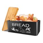 JIGUOOR Black Bread Box, Large Space Saving Vertical Metal Bread Box with Wooden Cutting Board Lid, Holds 2+ Loaves, Farmhouse Bread Bins for Kitchen Bread Storage,Kitchen Parts Box