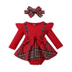 Vioyavo Christmas Outfit for Newborn Baby Girls Red Plaid Romper Dress Long Sleeve Crew Neck Jumpsuit Patchwork Mini Skirt+Headband (Red A, 0-3 Months)