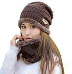 Alexvyan 150 Grams (2 Pcs - Cap and Scarf) - Imported Soft Warm Snow and Air Proof Fleece Knitted Cap (Inside Fur) Woolen Beanie Winter Cap with Scarf for Women Girl Ladies (Dark Brown)