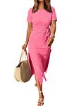 ANRABESS Women’s 2024 Summer Short Sleeve Crewneck T Shirt Maxi Dress Tie Waist Casual Slim Fit Slit Long Beach Dresses, Pink, Large