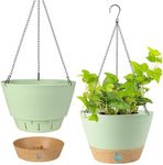 2pcs 10 Inch Hanging Planter Thickened Flower Pot with Visible Water Level Tray Self-Watering Plant Pot with Drainage Holes & Removable Saucer for Plants Succulents Garden Indoor Outdoor (Green)