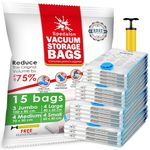 Vacuum Storage Bags - Pack of 15 (3 Jumbo + 4 Large + 4 Medium + 4 Small) ReUsable Space Savers with Free Hand Pump for Travel Packing | Vacuum Bags for Clothes, Duvets, Mattress, Bedding, Sweater