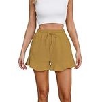 BiCophy Womens Summer Beach Shorts High Rise Ruffle Hem Wide Leg Flowy Casual Shorts Drawstring Elastic Waised Gym Workout Yoga Biker Running Shorts Gold