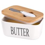 Kitssential® Ceramic Butter Dish with Wooden Lid, Large Butter Container Keeper Storage Plate with Steal Butter Knife, Bamboo Cover and Silicone Sealing Ring for West East Coast Butter, White (Large)