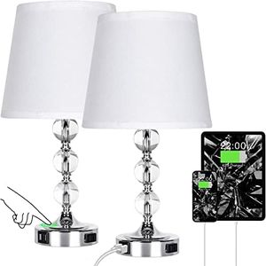 KBest Table Lamp Set of 2, Bedside Touch Control Table Lamps for Bedroom Living Room, 3 Way Dimmable Nightstand Lamp with 2 USB Ports & AC Outlet, 2700K 9W Bulbs Included(Silver).