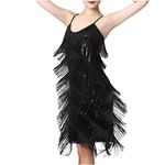 Women Sequin Latin Dance Tassel Fringe Dress Flapper Cocktail Vintage 1920s Tango Ballroom Dancing Party Dress, A02_black, XX-Large