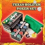 Texas Hold’em Poker Game Set - Includes Hold’em Mat, 2 Card Decks, Chips, Chip Holder and Tin Storage Box - FUN Game Night Supplies - Cool Casino Gift for Teens and Adults Game Set - Easy to store