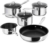 Stellar Profile Set of 5 Stainless Steel Non-Stick Pans, 3 Draining Saucepans, Frying Pan and Milk Pan, Induction Ready