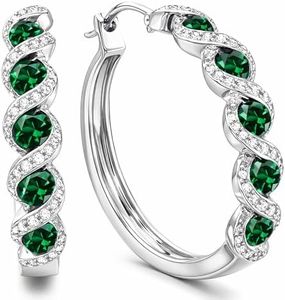 Dazzlingrock Collection Round Lab Created Emerald & White Diamond 5 Stone Swirl Hinged Post Hoop Earrings for Women in 925 Sterling Silver