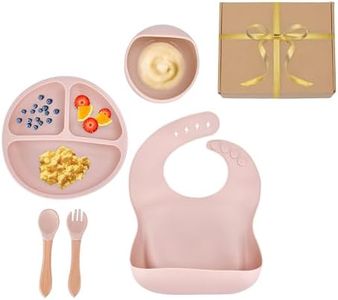 Light Autumn - Silicone Baby Feeding Set - Toddler Led Weaning Supplies - Kids Plate, Bowl, Spoon and Fork Set with Wooden Handle - Feeding Set For Infants - Baby Utensils Set 3.14x7.8x5.9" (Cream)