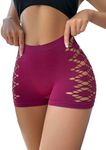 OYOANGLE Women's Cut Out Mid Rise Boyshort Panties Solid Plain Criss Cross Seamless Underwear Red Violet Large