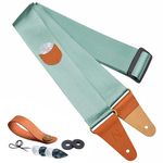 Guitar Strap with Pick Pocket, 100% Cotton Full Grain Leather Ends Guitar Straps for Bass, Electric & Acoustic Guitar, Come with Free Strap Button, 1 Pair Strap Locks and 4 Guitar Picks (Light Green)