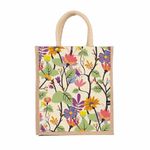 Sangra Multicolor Jute bag for Women and Men Lunch Bag with Zip and Handle (FlowerLeaves)