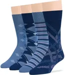 7BigStars Men Dress Socks – 4 Pack Bamboo Patterned Crew, Denim Blue and Light Navy, Geometric and Stripe Style for Office or Daily Wear - Sock Size 10-13 Shoe 9-12 L