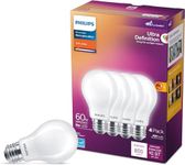 Philips LED Flicker-Free Frosted Dimmable A19 Light Bulb - EyeComfort Technology - 800 Lumen - Soft White (2700K) - 8W=60W - E26 Base - Title 20 Certified - Ultra Definition - Indoor - 4-Pack