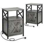 YITAHOME Set of 2 Side Table, Bedside Table with Storage Cabinet, X-Shaped End Table with Charging Station, 2 USB Ports & Power Outlets, Metal Frame, Coffee Table for Living Room, Bedroom, Grey