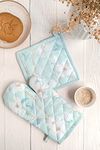 PIXEL HOME DECOR Printed Oven MITT and Pot Holder - Cherry Blossom Collection (Teal)