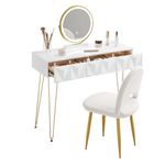 EUGAD Dressing Table with Mirror, Adjustable LED Light, Vanity Desk with Velvet Stool, Make-up Table with 3 Solid Wood Drawers, High Gloss Tabletop 100x40 cm, Stylish Dresser White+Gold, 0054SZT